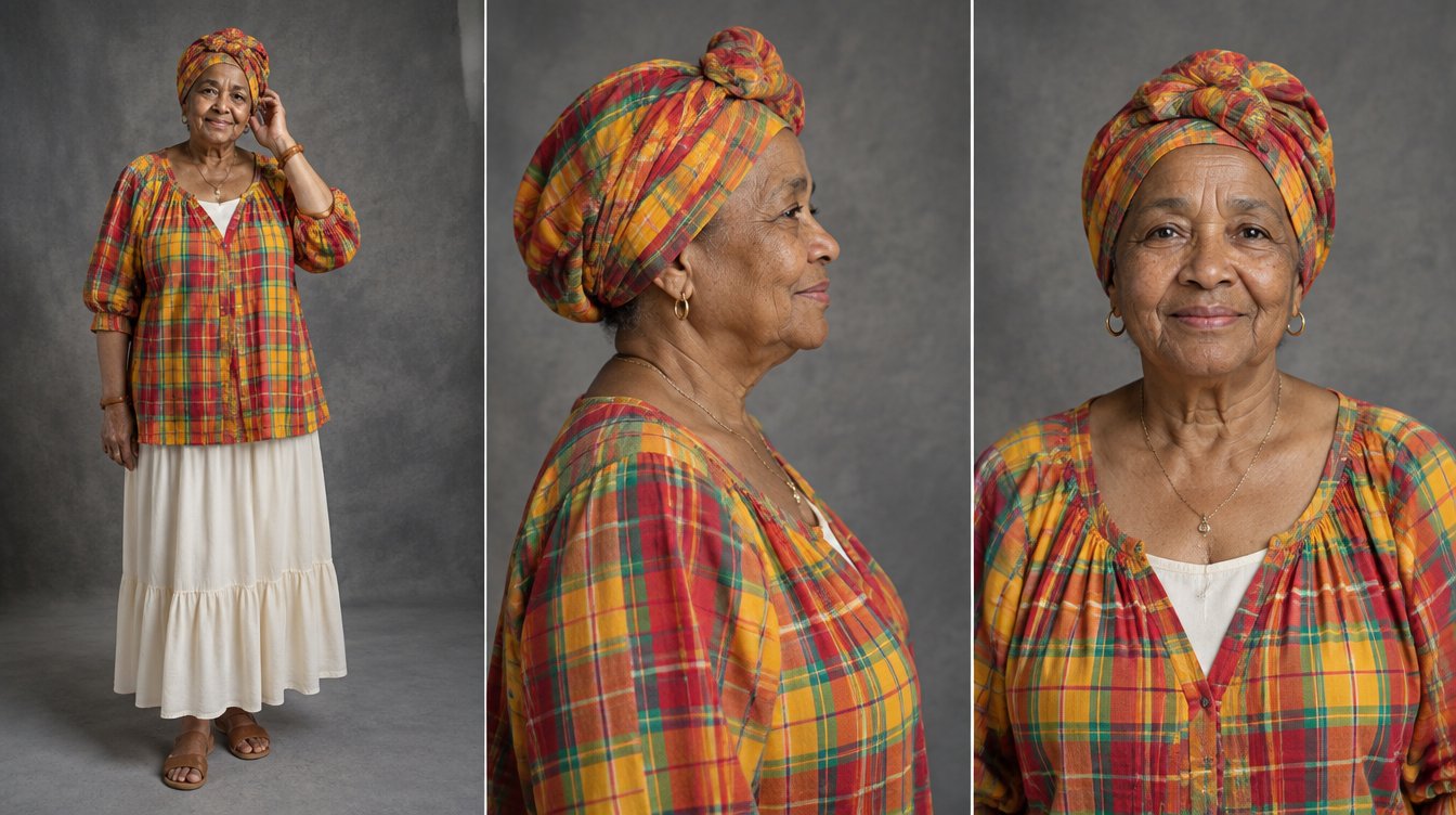 Three views of Odette Confiance, an AI presenter: full length, in profile, and a portrait